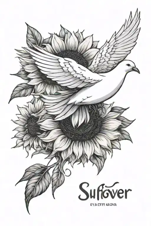 white dove flying over a sunflower with a name and dates  tattoo design idea