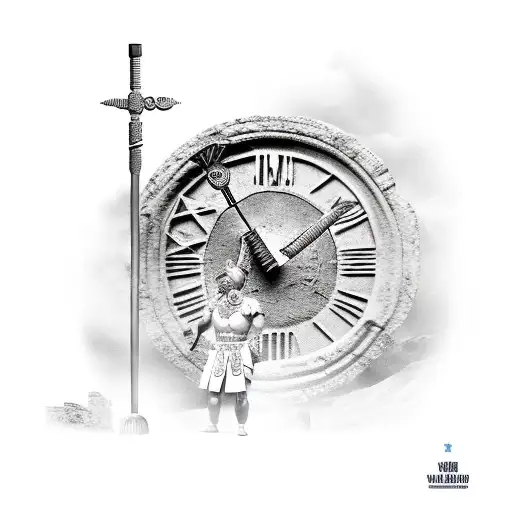 Roman legionary on a battlefield with his shield and spear surrounded by a clock and the Roman coliseum. tattoo design idea