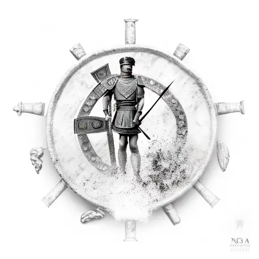 Roman legionary on a battlefield with his shield and spear surrounded by a clock and the Roman coliseum. tattoo design idea