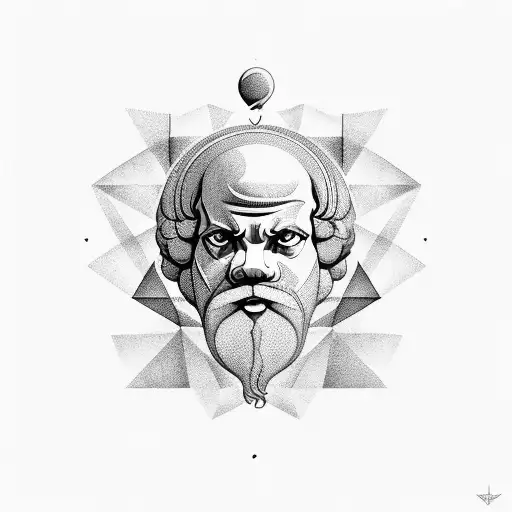 Socrates surrounded by minimalist geometric shapes tattoo design idea