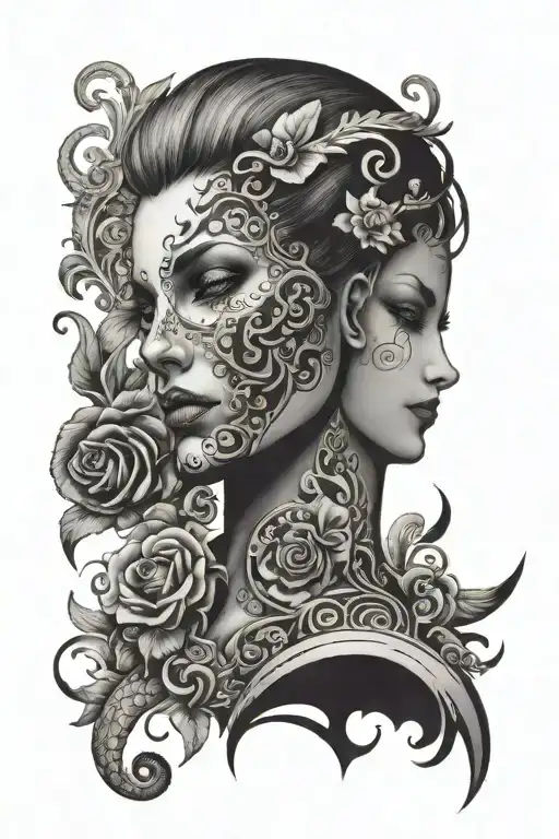 The design should prominently feature a human figure. One half of the figure should appear normal, while the other half  tattoo design idea