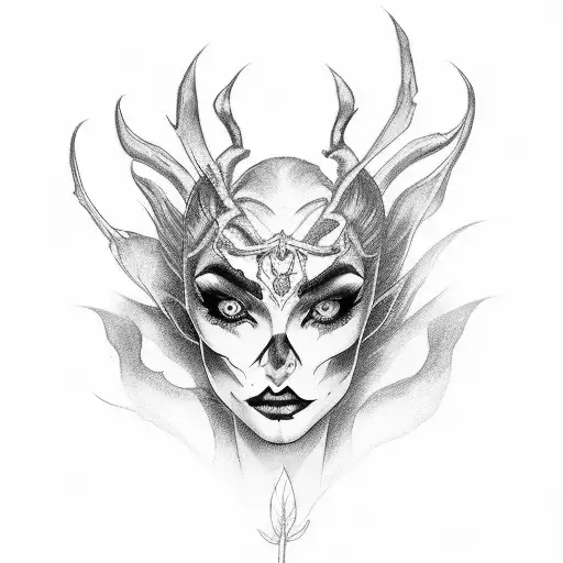 A beautiful and mysterious devil woman holding a bouquet of black roses tattoo design idea