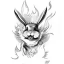 A devil in a vintage Playboy bunny outfit, surrounded by flames and smoke tattoo design idea