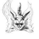 A devil in a vintage Playboy bunny outfit, surrounded by flames and smoke tattoo design idea