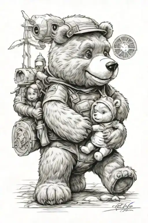 A care bear with a girl, and in their background a military bear protecting them tattoo design idea