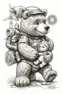 A care bear with a girl, and in their background a military bear protecting them tattoo design idea