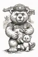 A care bear with a girl, and in their background a military bear protecting them tattoo design idea