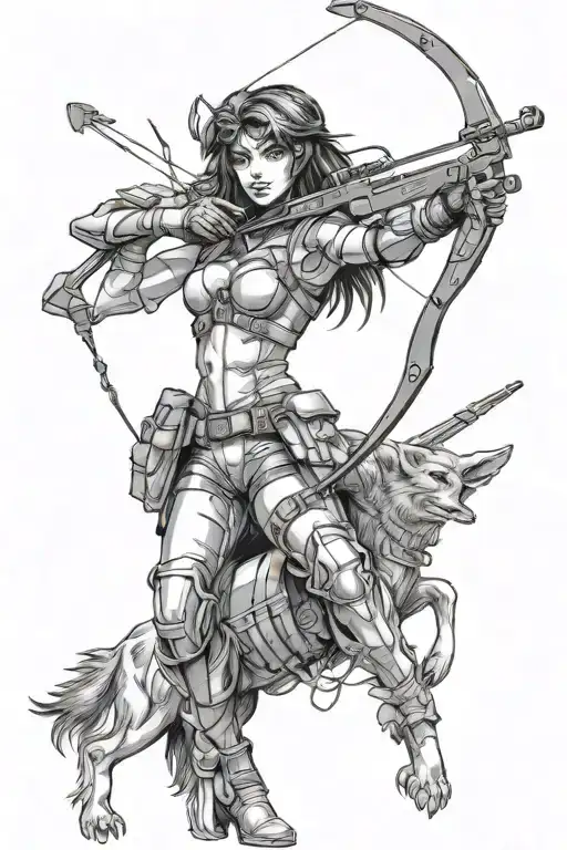 female battle angel bow hunting scene tattoo design idea