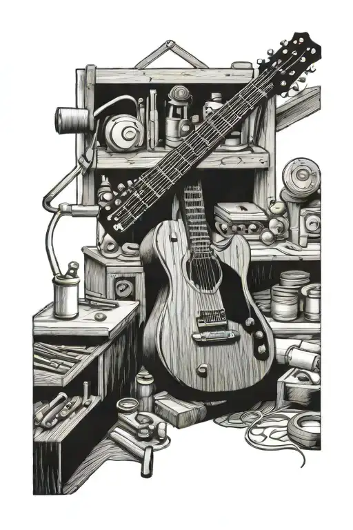 woodworking workshop with tools making a guitar made tattoo design idea