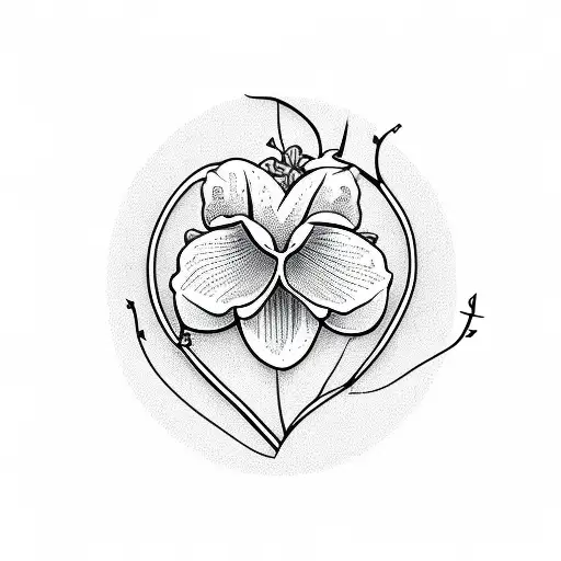 very simple line art style minimalist half of a heart outline made up of vine, leaves, daffodil and sweet pea flowers tattoo design idea