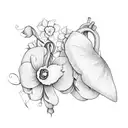 very simple line art style minimalist half of a heart outline made up of vine, leaves, daffodil and sweet pea flowers tattoo design idea