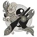 Infinity yinyang helping hand reaching labyrinth representing tattoo design idea