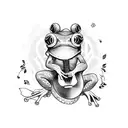 A blackwork tattoo of a frog playing a guitar surrounded by flowers tattoo design idea