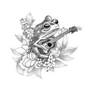 A blackwork tattoo of a frog playing a guitar surrounded by flowers tattoo design idea