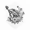 A blackwork tattoo of a frog playing a guitar surrounded by flowers tattoo design idea