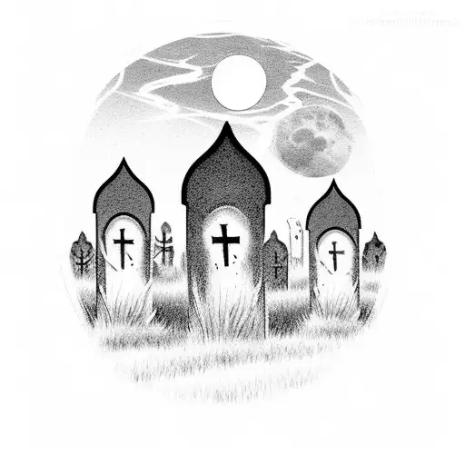 Graveyard scene with tombstones and a moonlit sky tattoo design idea