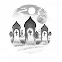 Graveyard scene with tombstones and a moonlit sky tattoo design idea