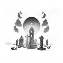 Graveyard scene with tombstones and a moonlit sky tattoo design idea