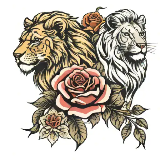 lions and roses blooming tattoo design idea