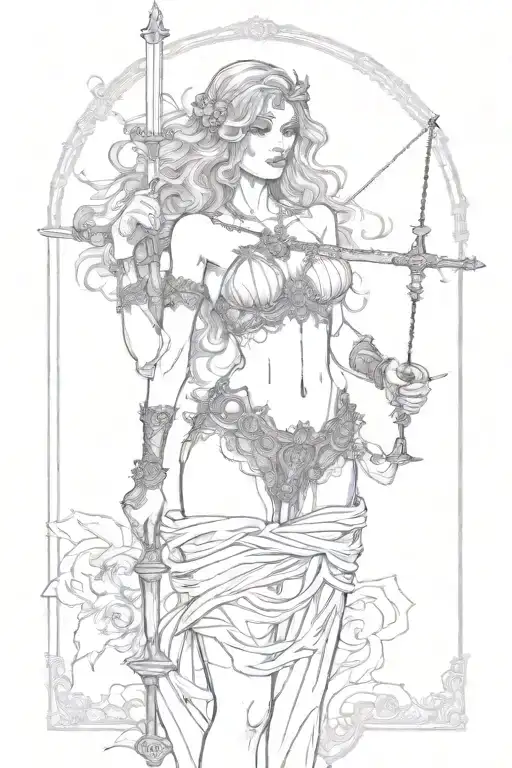sexy Goddess Themis in full growth in black lace lingerie blindfolded in hands with sword and scales tattoo design idea