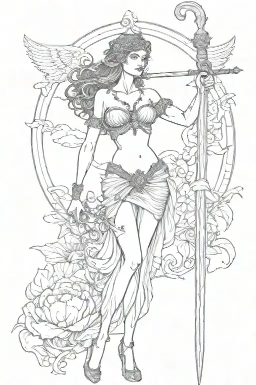 Goddess Themis in full growth in lace lingerie, blindfolded, holding a sword and scales tattoo design idea