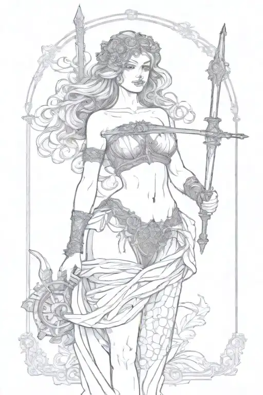 sexy Goddess Themis in full growth in black lace lingerie blindfolded in hands with sword and scales tattoo design idea