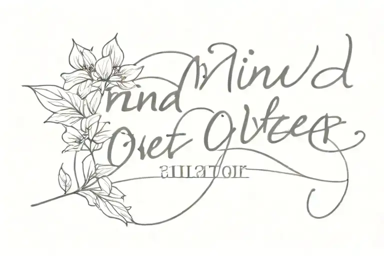 "mind over matter" near the rib cage as a text with a flowly italics font tattoo design idea