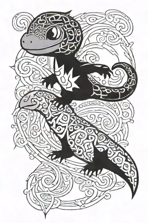 A tribal one, with a child's foot and a charmander on the side written Kani tattoo design idea