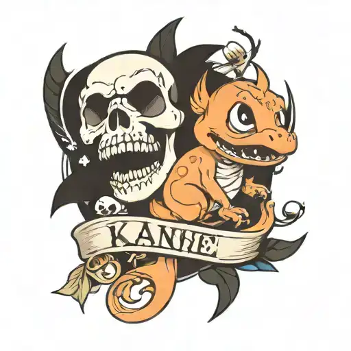 Skull with a baby's foot and a charmander on the side with Kani written on it tattoo design idea