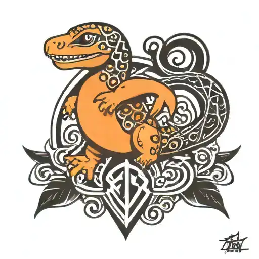 A tribal one, with a child's foot and a charmander on the side written Kani tattoo design idea