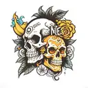 Skull with a baby's foot and a charmander on the side with Kani written on it tattoo design idea