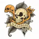 Skull with a baby's foot and a charmander on the side with Kani written on it tattoo design idea