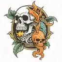 Skull with a baby's foot and a charmander on the side with Kani written on it tattoo design idea