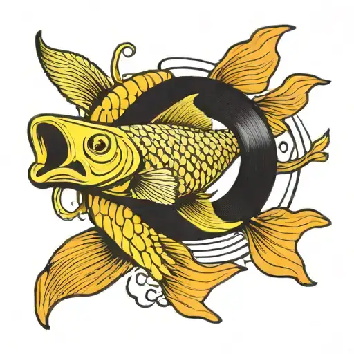 An arowana fish jumping out of a vinyl record spinning tattoo design idea