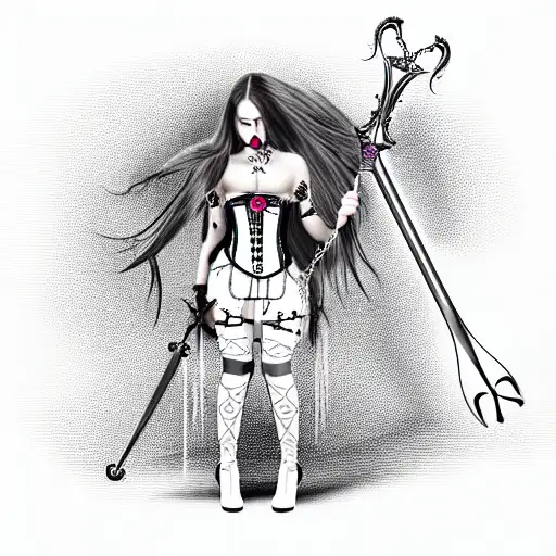 gothic, sword, girl, corset, chains, long hair tattoo design idea