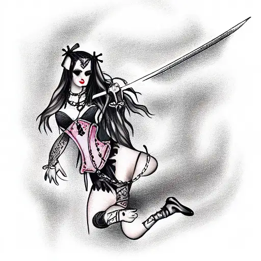 gothic, sword, girl, corset, chains, long hair tattoo design idea