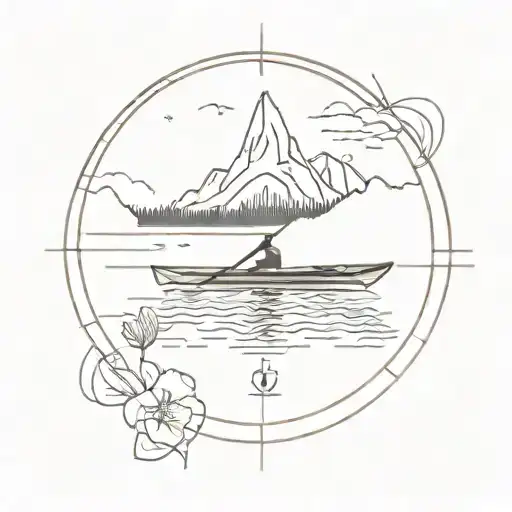 A simple yet intricate geometric design of a kayak on a calm lake, inside a compass with mountains tattoo design idea