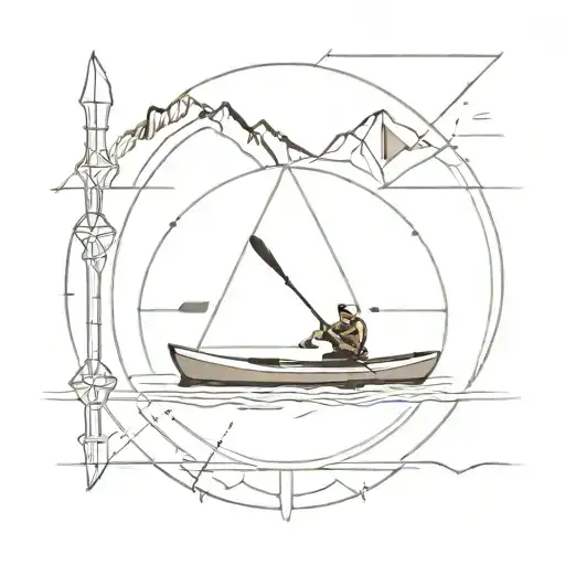 A simple geometric design of a kayak on a calm lake, inside a compass with mountains tattoo design idea