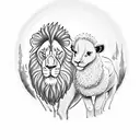 Lion protecting a lamb, אלוהים מעל הכל, משפחה לפני כולם under the design tattoo design idea