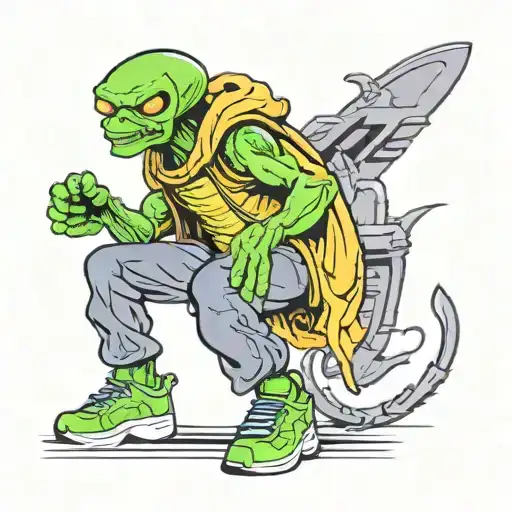 cartoon human-like Alien in sweat suit, high top Nikes tattoo design idea