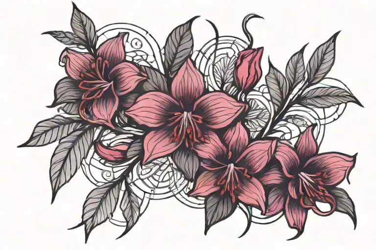 two fuchsia branches along the collarbones, sketchy and dark, with purple & red blossoms tattoo design idea