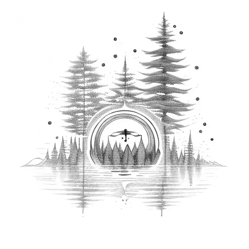 A serene forest landscape with a mystical spaceship emerging from a tranquil lake tattoo design idea