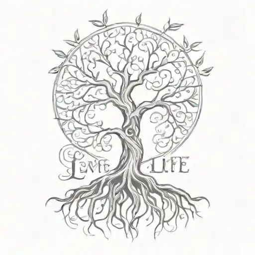 tree of life with the letter L and M incorporated discreetly fine and rounded writing in the branches or roots tattoo design idea