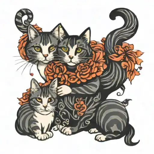 cat and 2 daughter holding hands tattoo design idea