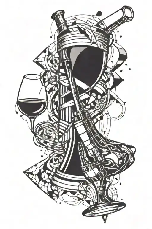 Rocket ship flying twards a wine glass spilling wine and some musical notes tattoo design idea