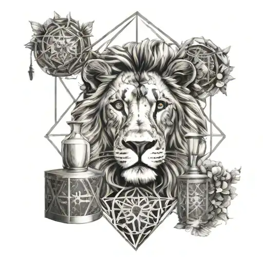 sacred geometry with a female lion with a females head in the lion's mouth,with a money bag and forex candlesticks  tattoo design idea