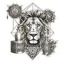 sacred geometry with a female lion with a females head in the lion's mouth,with a money bag and forex candlesticks  tattoo design idea