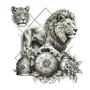 sacred geometry with a female lion with a females head in the lion's mouth,with a money bag and forex candlesticks  tattoo design idea