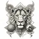 sacred geometry with a female lion with a females head in the lion's mouth,with a money bag and forex candlesticks  tattoo design idea