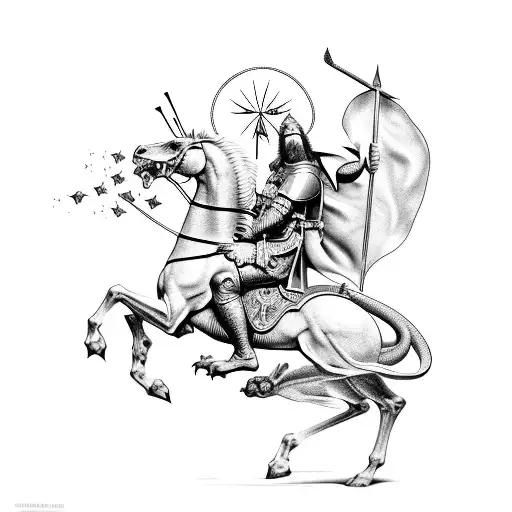Saint George on top of a horse, thrusting a spear into a dragon tattoo design idea